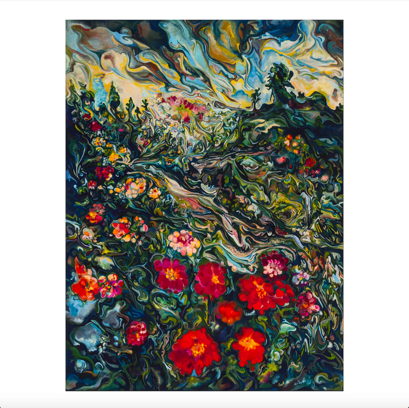Maria Calandra, Time of the Zinnia, 2023; Hand-Embellished, Signed and Numbered Limited Edition Print