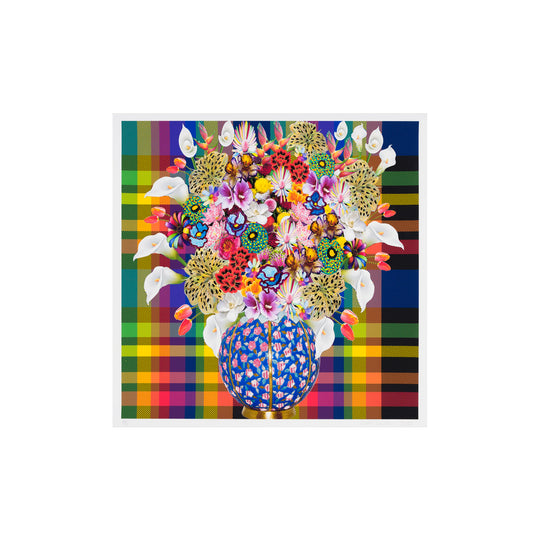 Caroline Larsen, Flowers with Plaid Version 1, 2022; Hand-Embellished, Signed, and Numbered Limited Edition Print