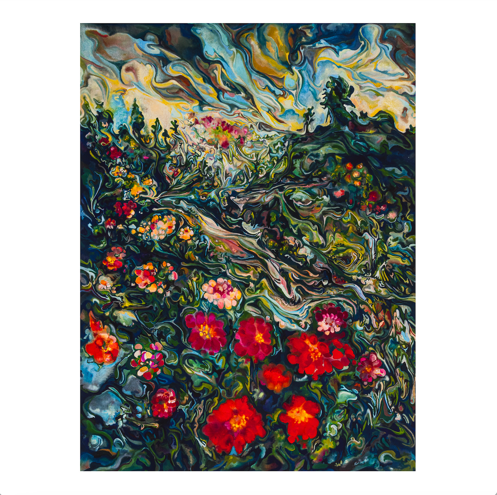 Maria Calandra, Time of the Zinnia, 2023; Hand-Embellished, Signed and Numbered Limited Edition Print