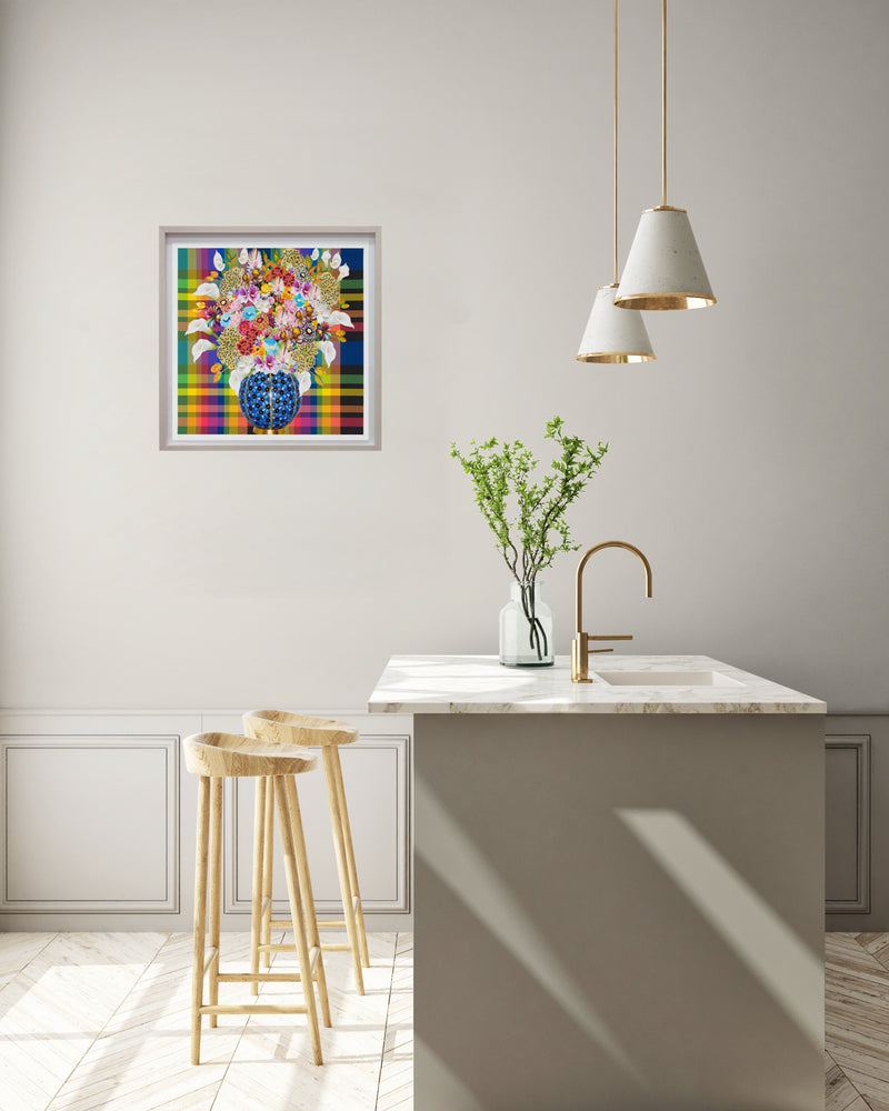 Caroline Larsen, Flowers with Plaid Version 1, 2022; Hand-Embellished, Signed, and Numbered Limited Edition Print