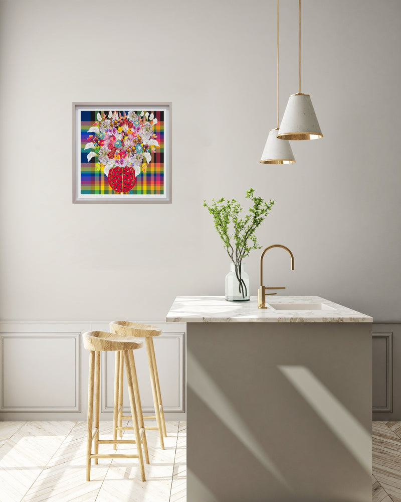 Caroline Larsen, Flowers with Plaid Version 2, 2022; Hand-Embellished, Signed, and Numbered Limited Edition Print