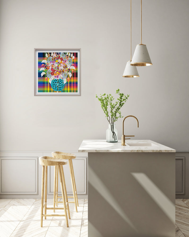 Caroline Larsen, Flowers with Plaid Version 3, 2022; Hand-Embellished, Signed, and Numbered Limited Edition Print