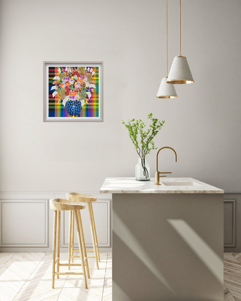 Caroline Larsen, Flowers with Plaid Version 4, 2022; Hand-Embellished, Signed, and Numbered Limited Edition Print