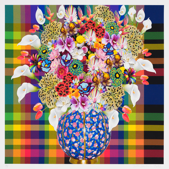 Caroline Larsen, Flowers with Plaid Version 1, 2022; Hand-Embellished, Signed, and Numbered Limited Edition Print