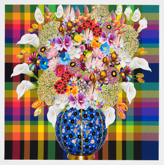 Caroline Larsen, Flowers with Plaid Version 2, 2022; Hand-Embellished, Signed, and Numbered Limited Edition Print