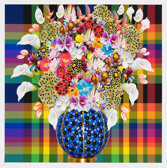Caroline Larsen, Flowers with Plaid Version 4, 2022; Hand-Embellished, Signed, and Numbered Limited Edition Print