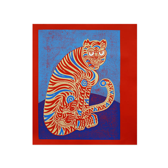 Kour Pour, Coy Tiger (Blue & Navy), 2022; Hand-Embellished, Signed, and Numbered Limited Edition Print