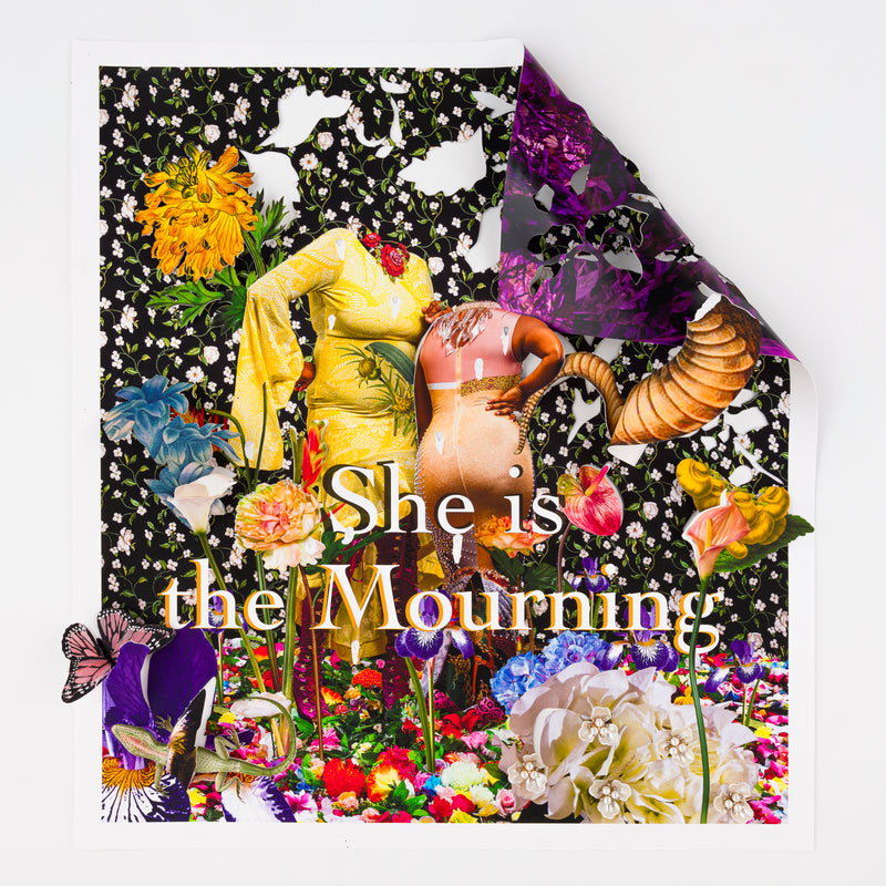 Ebony G. Patterson, She Is the Mourning, 2022; Hand-Embellished, Signed, and Numbered Limited Edition Print in White Wood Shadowbox Frame