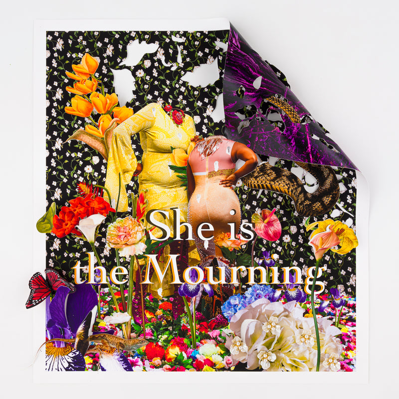 Ebony G. Patterson, She Is the Mourning, 2022; Hand-Embellished, Signed, and Numbered Limited Edition Print in White Wood Shadowbox Frame