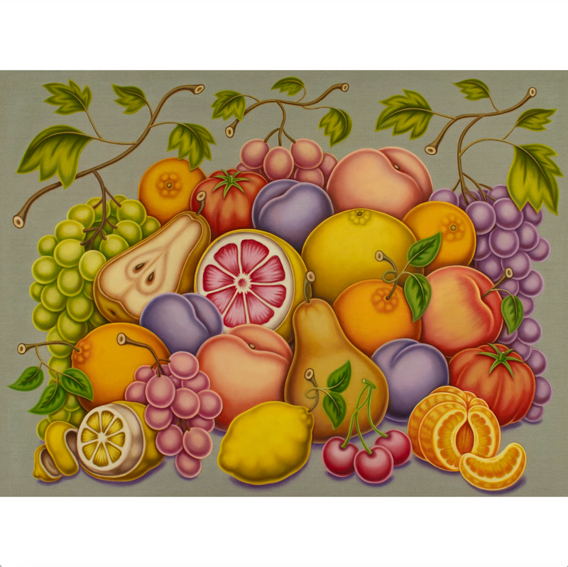 Pedro Pedro, Pile of Fruit with Grapes, Tomatoes, a Peeled Lemon and Orange, 2024; Original Painting