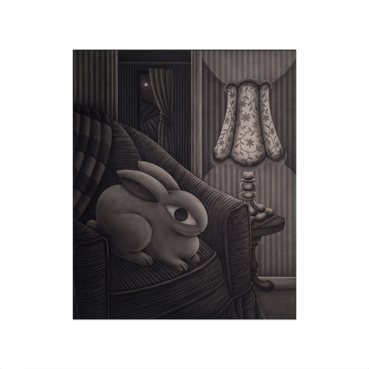 Angela Fang Zirbes, Rabbit on Sofa, 2024; Original Painting