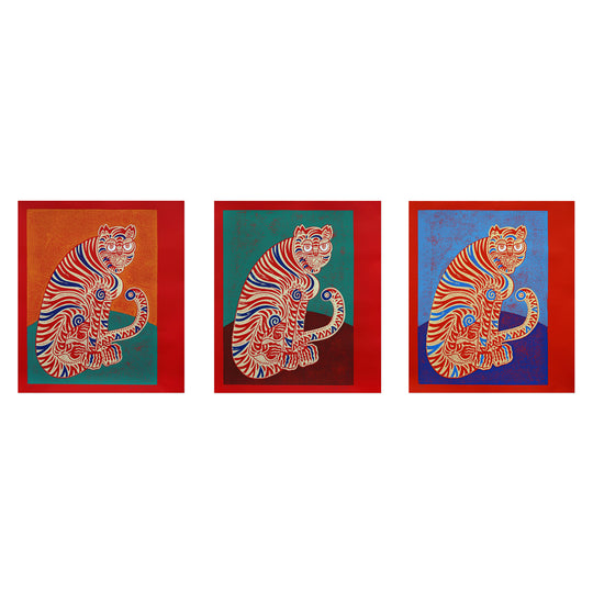 Kour Pour, Coy Tiger, 2022; Set of 3 Hand-Embellished, Signed, and Numbered Limited Edition Prints