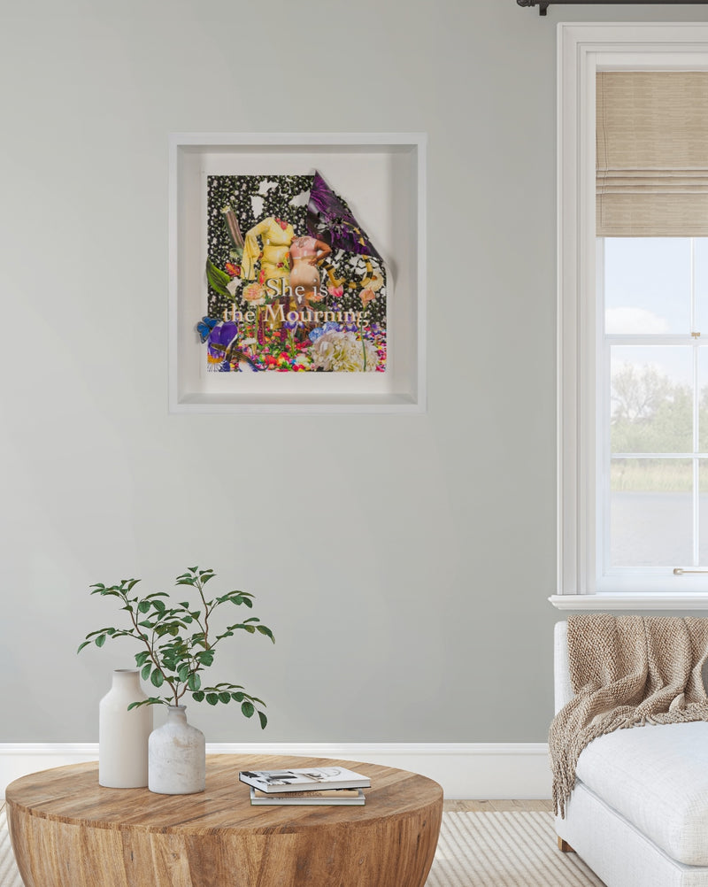 Ebony G. Patterson, She Is the Mourning, 2022; Hand-Embellished, Signed, and Numbered Limited Edition Print in White Wood Shadowbox Frame
