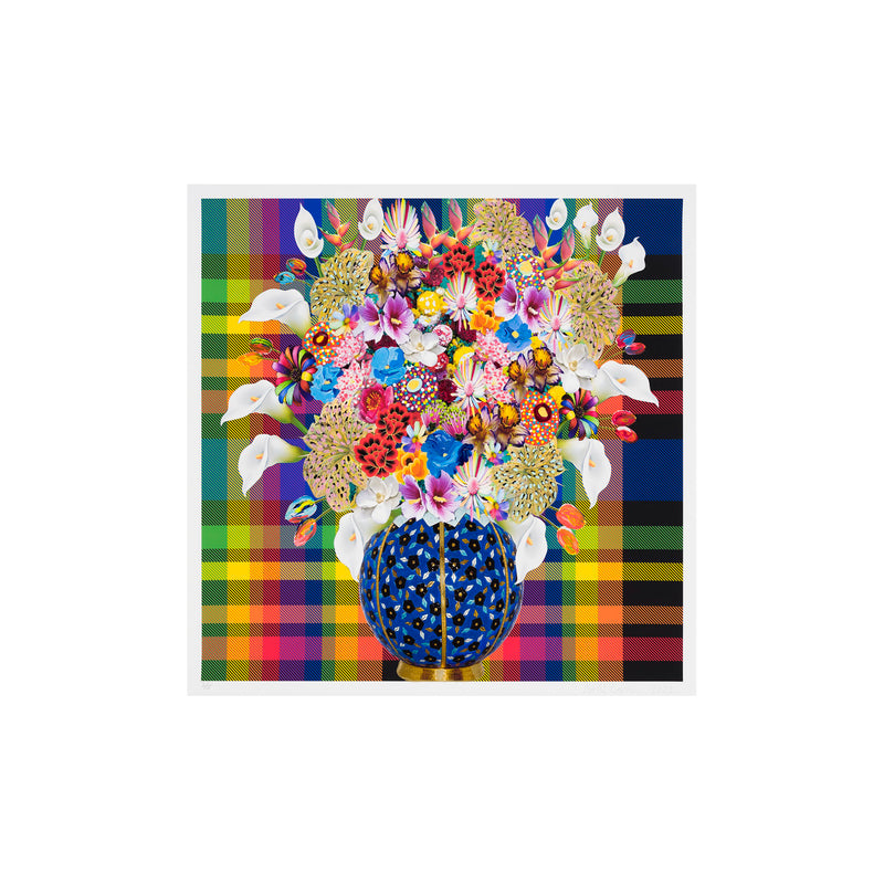 Caroline Larsen, Flowers with Plaid Version 1, 2022; Hand-Embellished, Signed, and Numbered Limited Edition Print