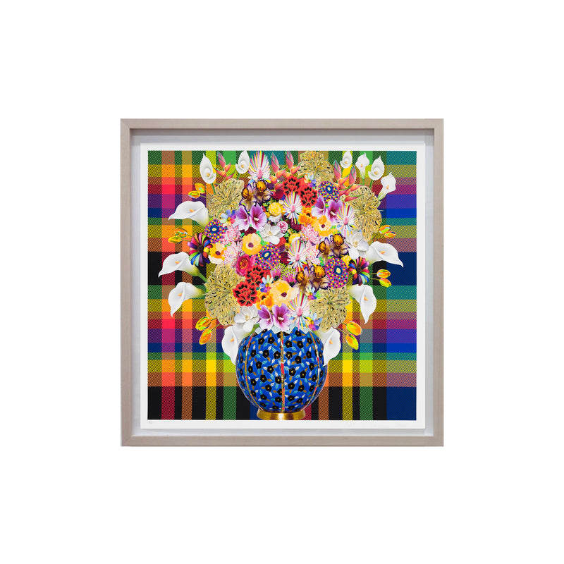 Caroline Larsen, Flowers with Plaid Version 2, 2022; Hand-Embellished, Signed, and Numbered Limited Edition Print