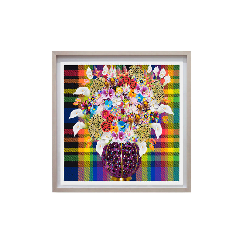Caroline Larsen, Flowers with Plaid Version 3, 2022; Hand-Embellished, Signed, and Numbered Limited Edition Print