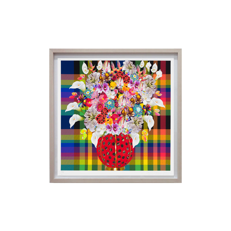 Caroline Larsen, Flowers with Plaid Version 4, 2022; Hand-Embellished, Signed, and Numbered Limited Edition Print