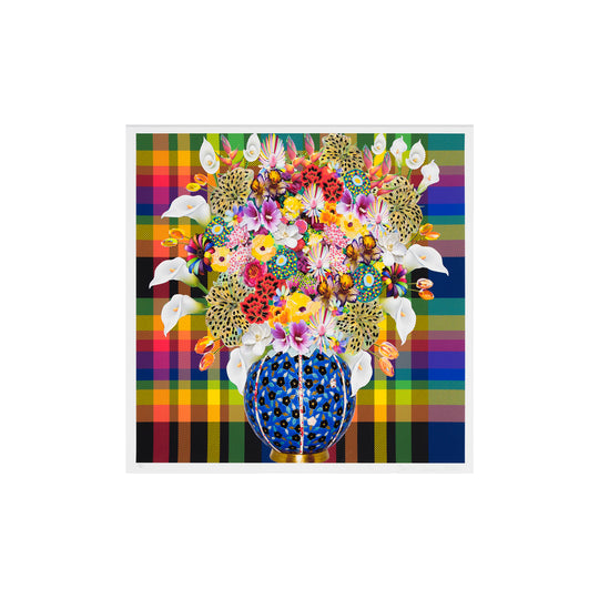 Caroline Larsen, Flowers with Plaid Version 2, 2022; Hand-Embellished, Signed, and Numbered Limited Edition Print