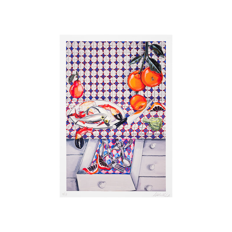 Nikki Maloof, Crab and Oranges, 2022; Hand-Embellished Limited Edition Print